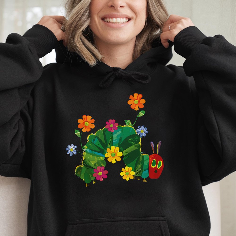 Hungry Caterpillar Hoodie | Colorful Floral Bug Graphic | Soft Cotton-Blend Pullover | Cute Teacher Gift & Preschool Storyboo