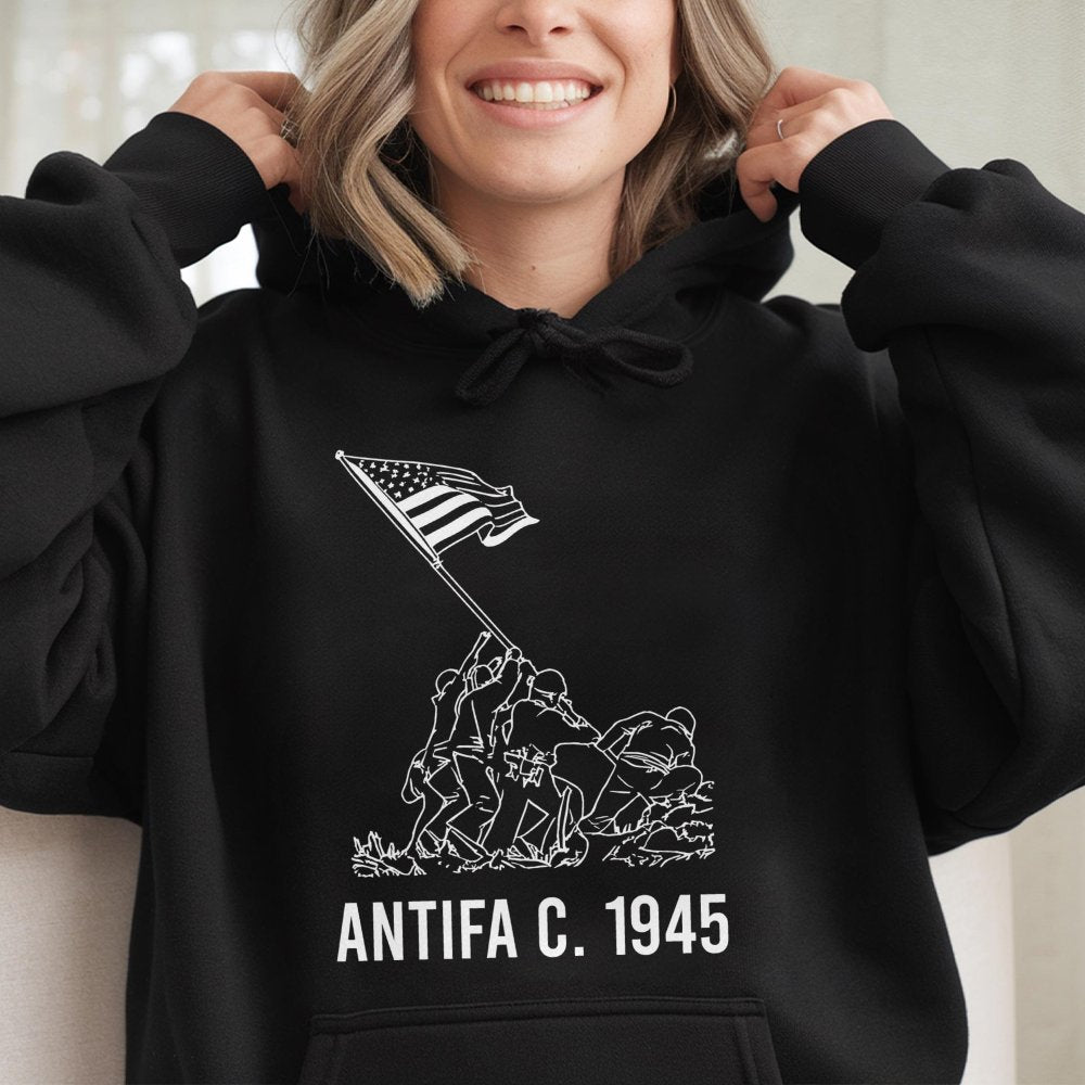 Antifa 1945 Hoodie | Iwo Jima Flag Raising Graphic | Premium Cotton Blend Sweatshirt | Pro-Democracy Anti-Fascist Gift