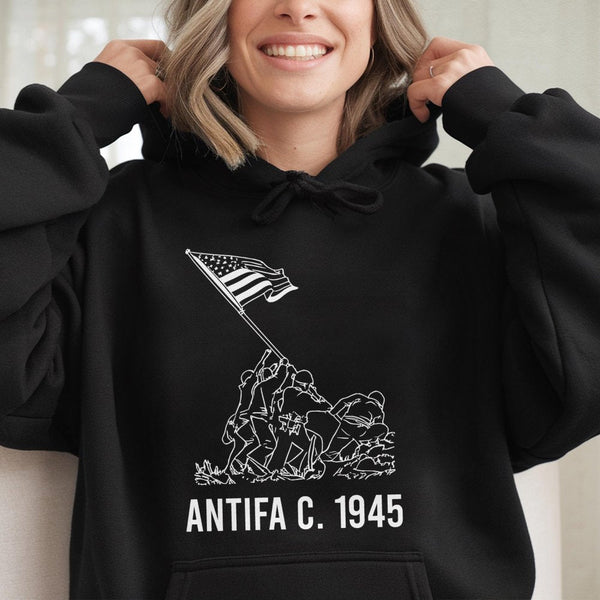 Antifa 1945 Hoodie | Iwo Jima Flag Raising Graphic | Premium Cotton Blend Sweatshirt | Pro-Democracy Anti-Fascist Gift