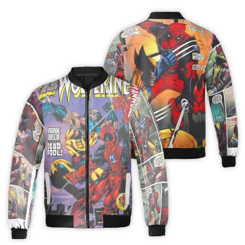 Superhero Graphic Bomber Jacket | Comic Book Wolverine Vs Deadpool Print | Premium Windproof Streetwear | Unisex Fan Gift Jac