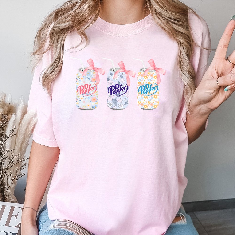 Floral Soda Can T-Shirt | Aesthetic Pastel Graphic With Bows | 100% Cotton Premium Tee | Cute Gift For Soda Lovers