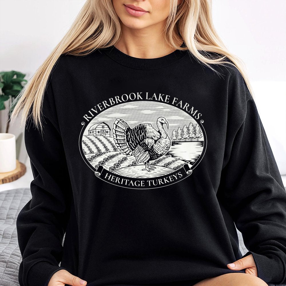 Riverbrook Lake Farms Sweatshirt | Heritage Turkeys Graphic Print | Premium Cotton-Blend Crewneck | Funny Thanksgiving TV Sho