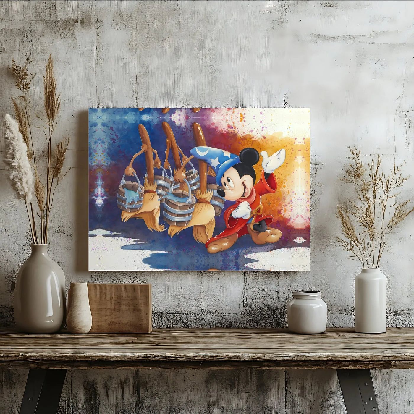 Sorcerer Mouse Wall Art | Enchanted Brooms Watercolor Print | Premium Gallery Wrapped Canvas | Magical Disney Decor for Fans