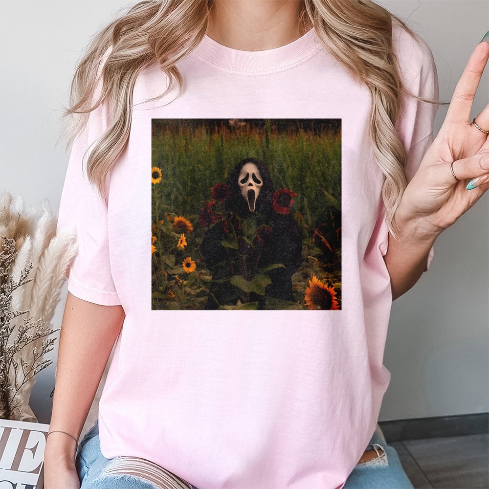 Ghost Mask Sunflower T-Shirt | Aesthetic Horror Movie Graphic | Premium 100% Cotton Tee | Spooky Halloween Gift for Horror Fa