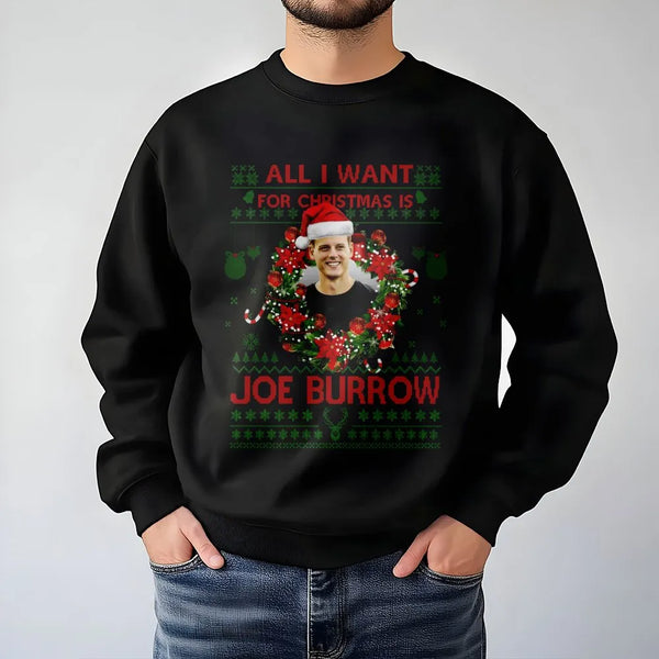 Joe Burrow Christmas Sweatshirt | Funny Football Player Ugly Sweater Design | Premium Cotton Blend | Gift For NFL Cincinnati 