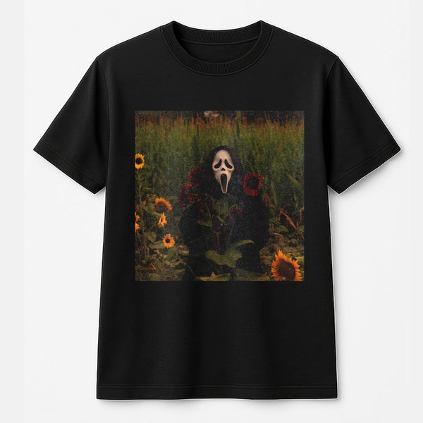 Ghost Mask Sunflower T-Shirt | Aesthetic Horror Movie Graphic | Premium 100% Cotton Tee | Spooky Halloween Gift for Horror Fa