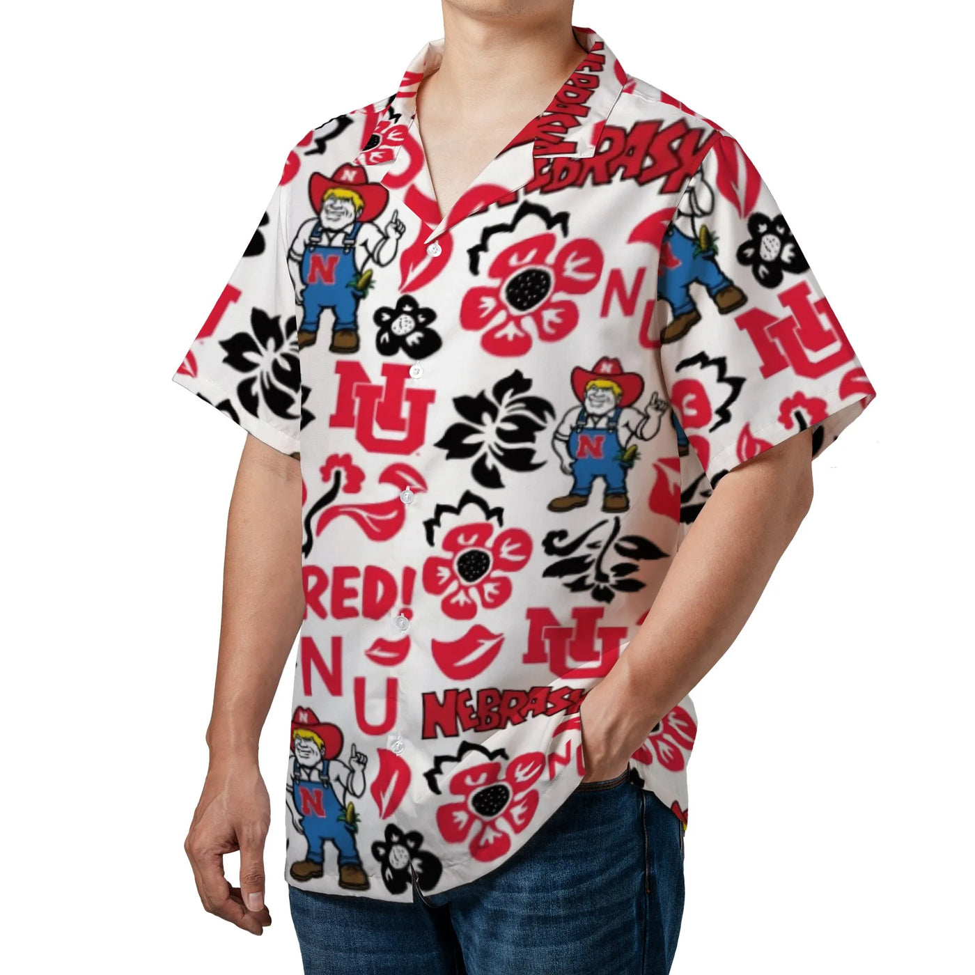 Nebraska Cornhuskers Hawaiian Shirt | Herbie Husker Big Red Print | Lightweight Woven Polyester | Perfect Gift For University