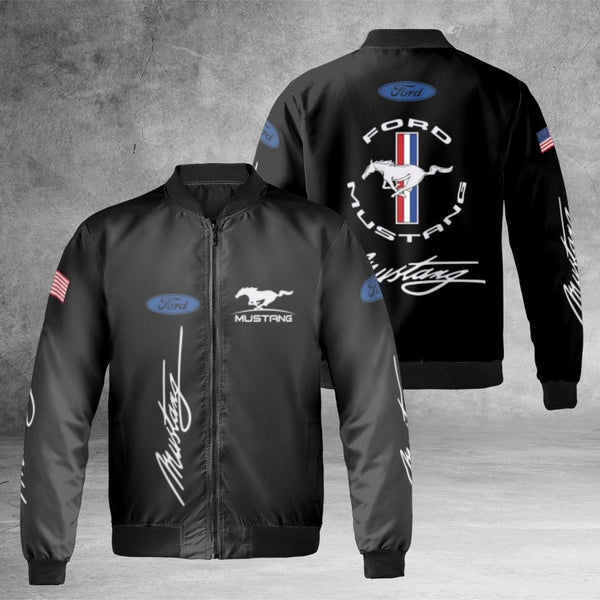 Ford Mustang Bomber Jacket | Pony Logo Tri-Bar Graphic | Premium Nylon Outerwear | Gift For Muscle Car Enthusiasts & Fans