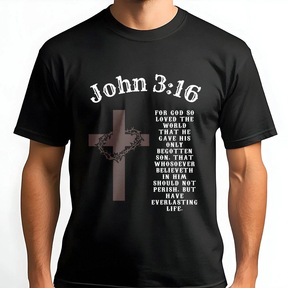 John 3:16 Christian T-Shirt | Cross and Crown of Thorns Bible Verse Graphic | Premium Cotton Unisex Apparel | Faith-Based Rel