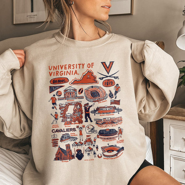 University Of Virginia Sweatshirt | UVA Cavaliers Campus Landmark Collage | Premium Unisex Crewneck | Go Hoos Fan Gift For Al