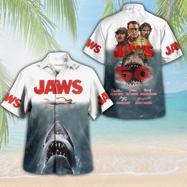 Jaws 50th Anniversary Hawaiian Shirt | Iconic Shark Movie Design | Lightweight Summer Fabric | Gift for Movie Buffs & Shark L