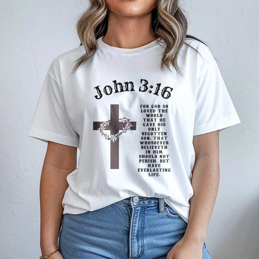 John 3:16 Christian T-Shirt | Cross and Crown of Thorns Bible Verse Graphic | Premium Cotton Unisex Apparel | Faith-Based Rel