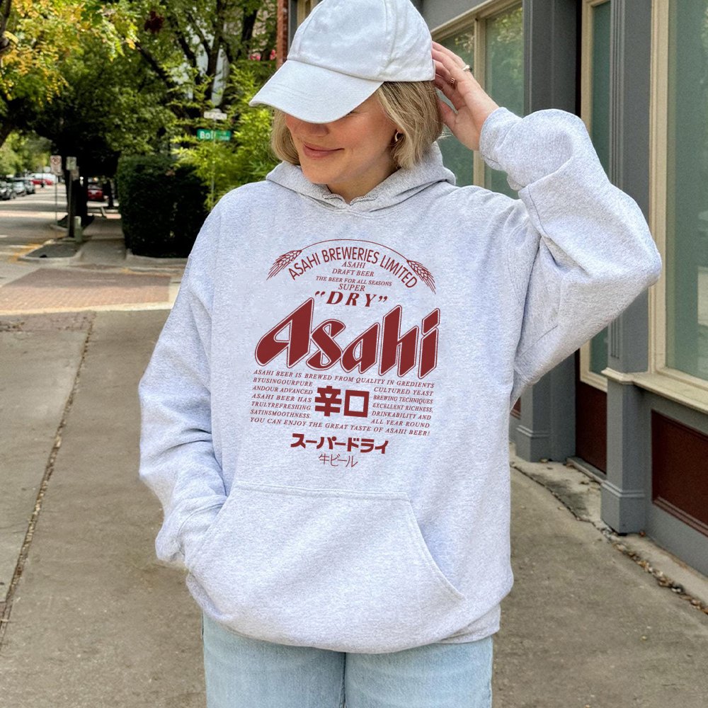 Japanese Beer Logo Graphic Hoodie | Retro Asahi Breweries Apparel | Soft Cotton-Blend Pullover | Unique Gift For Beer Lovers 