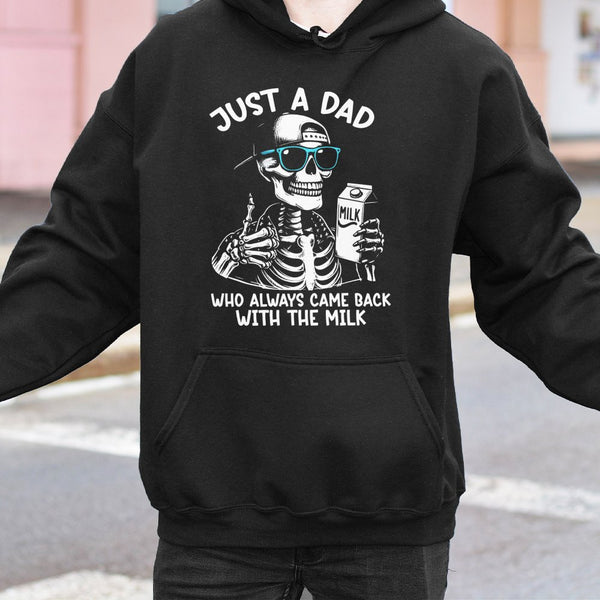 Just A Dad Who Always Came Back With The Milk Hoodie | Funny Skeleton Graphic Design | Cotton-Blend Comfort | Father's Day 20