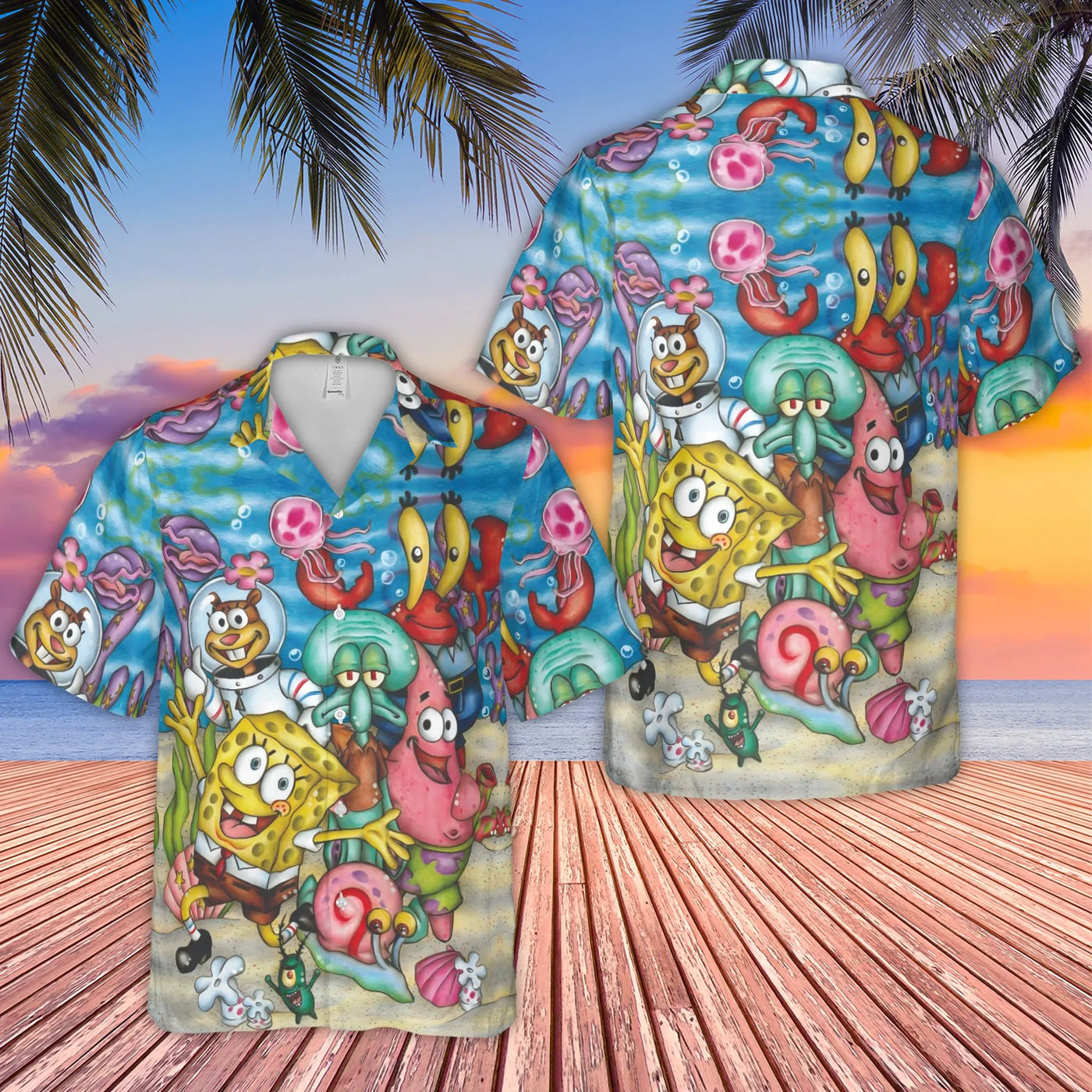 Bikini Bottom Friends Hawaiian Shirt | Full Cast Underwater Print | Lightweight Polyester | Collector's Gift for 90s Kids