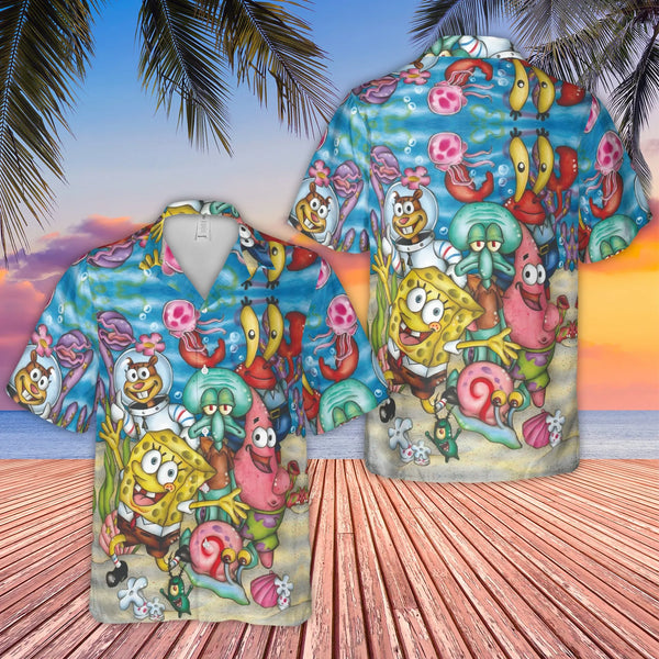 Bikini Bottom Friends Hawaiian Shirt | Full Cast Underwater Print | Lightweight Polyester | Collector's Gift for 90s Kids
