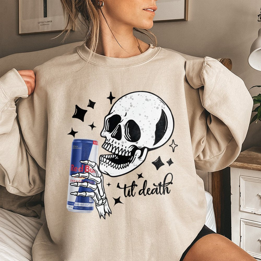 Skeleton Energy Drink Graphic Sweatshirt | Til Death Skull Illustration | Premium Cotton-Poly Blend | Edgy Aesthetic Streetwe