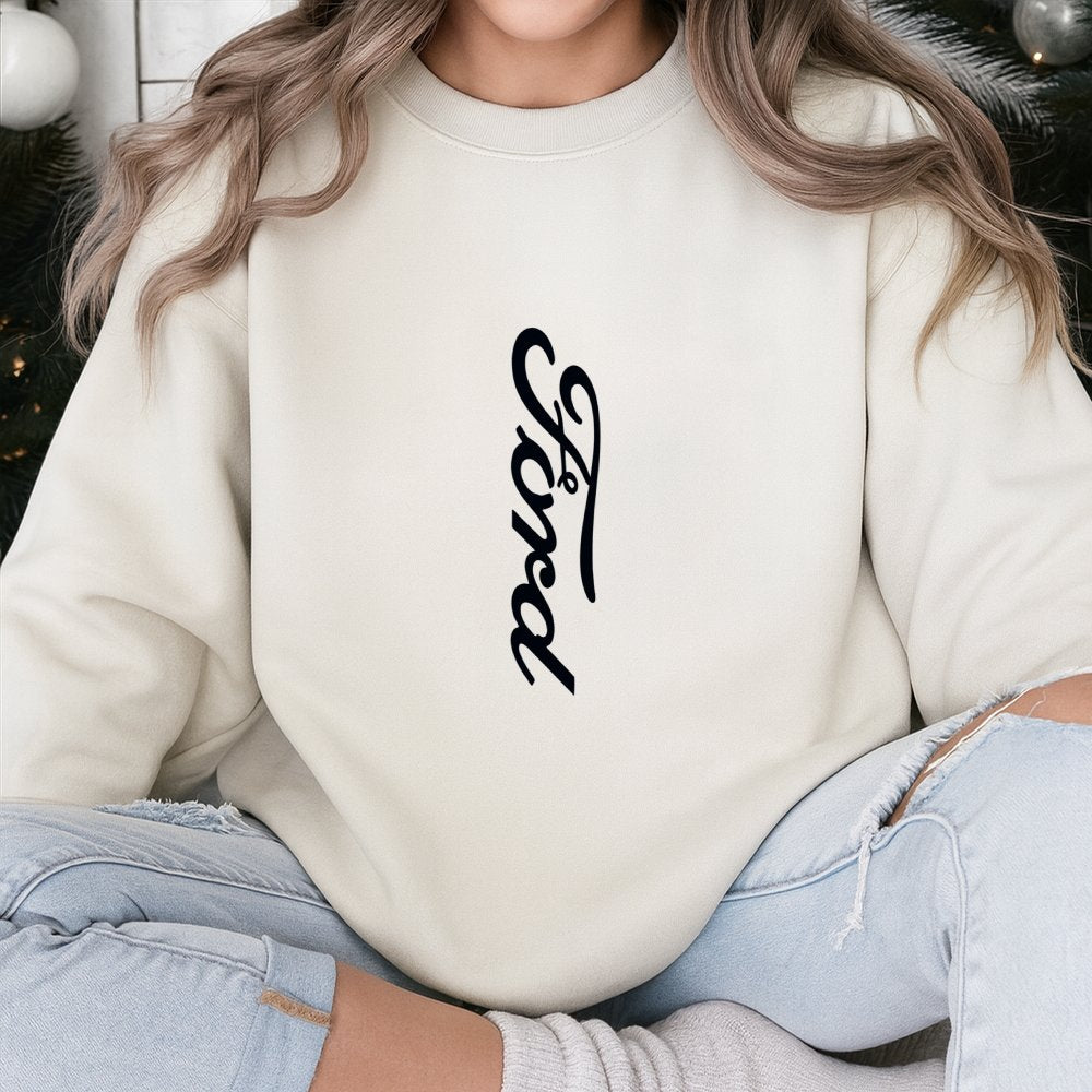 Vertical Script Logo Sweatshirt | Classic Automotive Graphic Print | Premium Cotton-Blend Crewneck | Gift For Car Enthusiasts