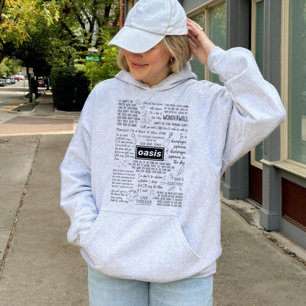 Oasis Lyric Hoodie | Britpop Band Song Quotes Graphic | Cotton Blend Premium Sweatshirt | 90s Rock Music Fan Gift