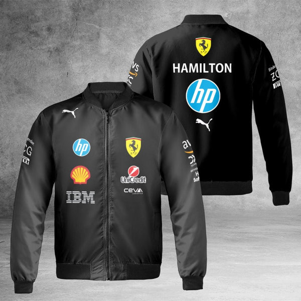 Formula 1 Racing Bomber Jacket | Hamilton Ferrari Team Graphic | Durable Nylon Streetwear | Gift for Motorsport Fans