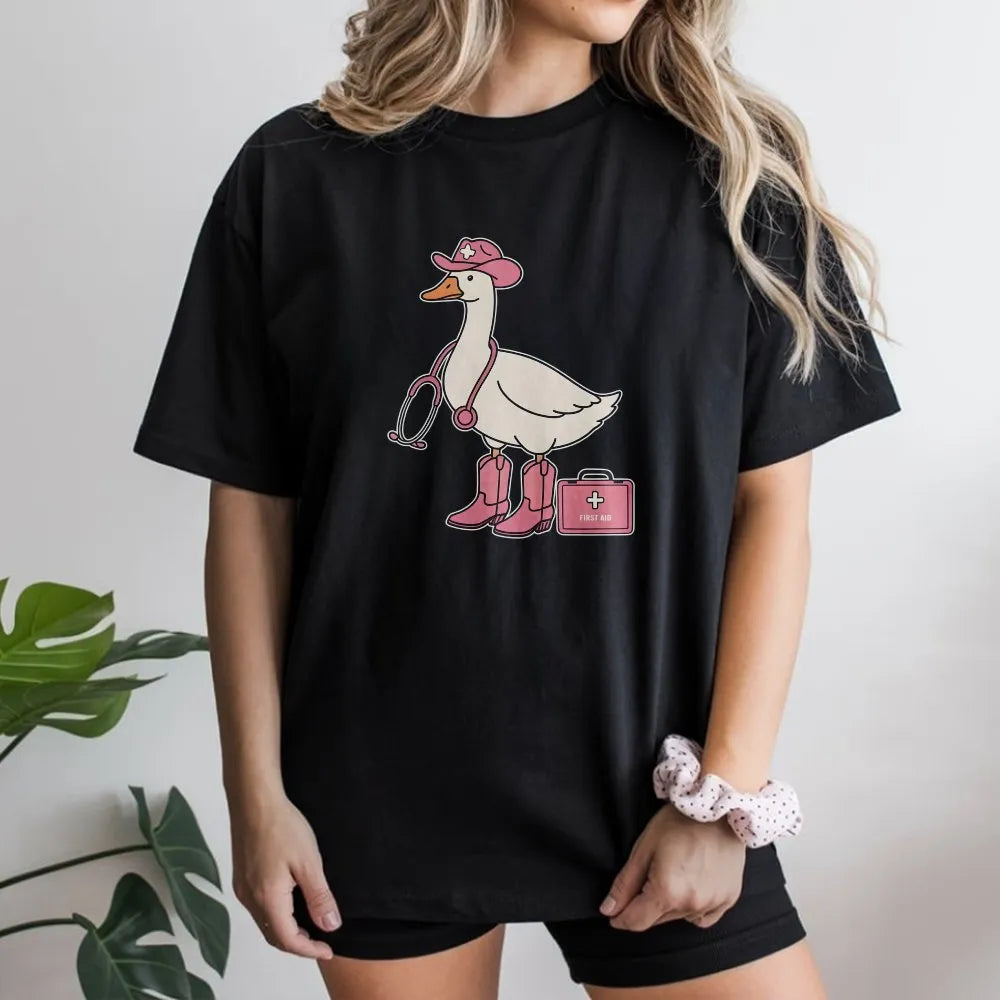 Nurse Goose T-Shirt | Cowgirl Western Medical Graphic | 100% Cotton Premium Tee | Cute Nursing Student Graduation Gift for Wo
