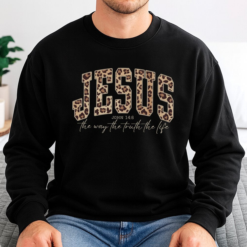 Jesus Leopard Print Sweatshirt | John 14:6 Bible Verse Graphic | Premium Cotton Blend Crewneck | Christian Faith Gift for Wom