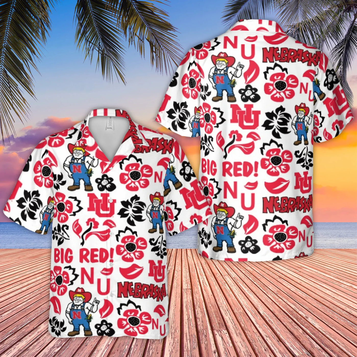Nebraska Cornhuskers Hawaiian Shirt | Herbie Husker Big Red Print | Lightweight Woven Polyester | Perfect Gift For University