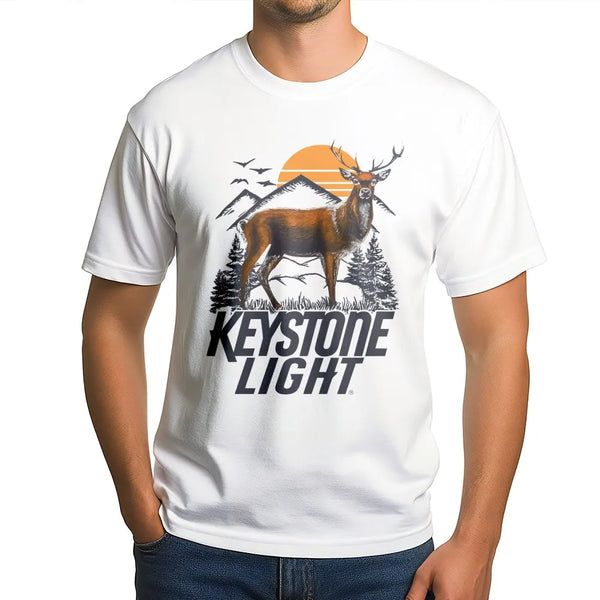 Keystone Light Deer T-Shirt | Mountain Sunset Outdoor Graphic | Premium Cotton Unisex Tee | Gift for Beer Lovers and Hunters
