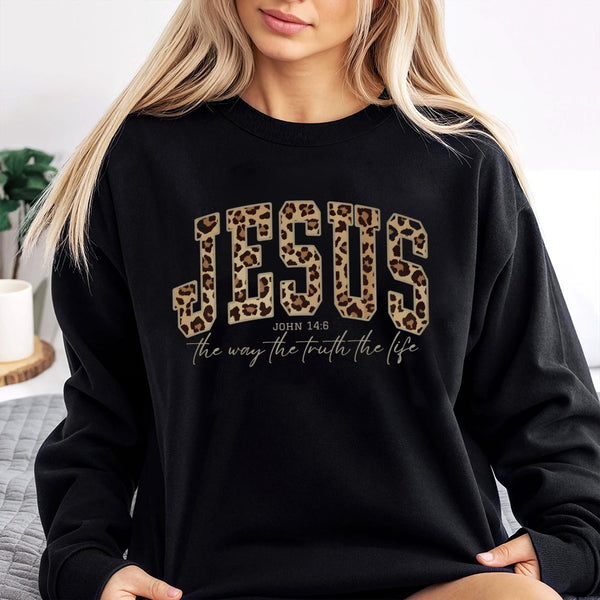 Jesus Leopard Print Sweatshirt | John 14:6 Bible Verse Graphic | Premium Cotton Blend Crewneck | Christian Faith Gift for Wom
