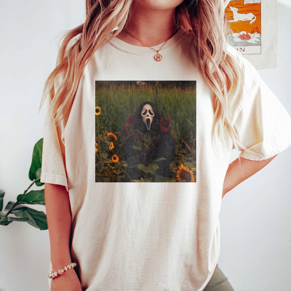 Ghost Mask Sunflower T-Shirt | Aesthetic Horror Movie Graphic | Premium 100% Cotton Tee | Spooky Halloween Gift for Horror Fa