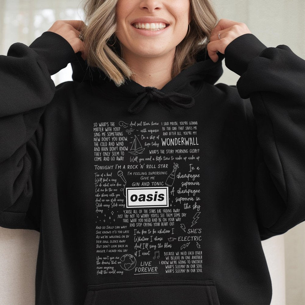 Oasis Lyric Hoodie | Britpop Band Song Quotes Graphic | Cotton Blend Premium Sweatshirt | 90s Rock Music Fan Gift