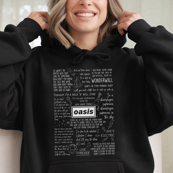 Oasis Lyric Hoodie | Britpop Band Song Quotes Graphic | Cotton Blend Premium Sweatshirt | 90s Rock Music Fan Gift