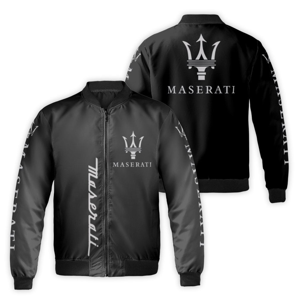 Maserati Logo Bomber Jacket | Luxury Car Graphic Streetwear | Durable Nylon Full-Zip Coat | Premium Automotive Enthusiast Gif