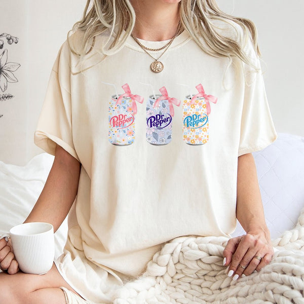 Floral Soda Can T-Shirt | Aesthetic Pastel Graphic With Bows | 100% Cotton Premium Tee | Cute Gift For Soda Lovers