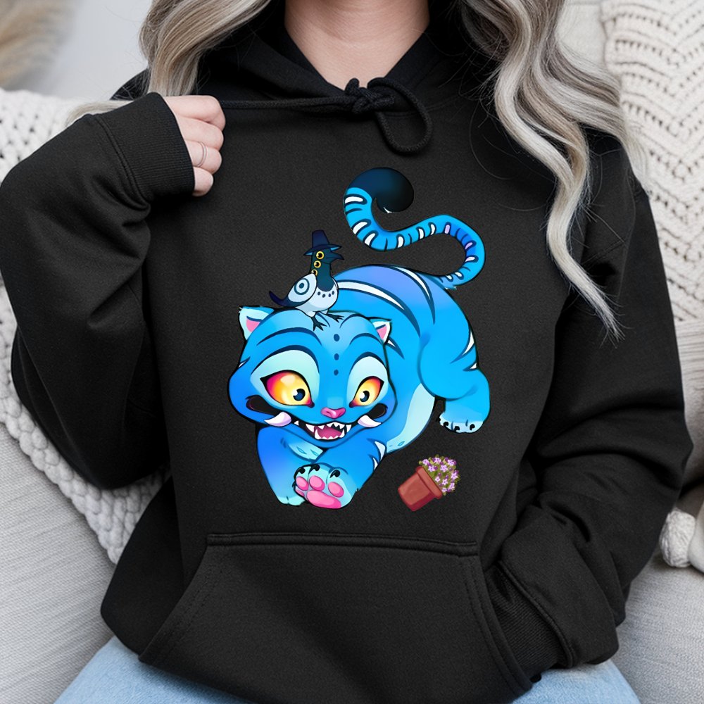 Derpy Blue Tiger Hoodie | Cute Cartoon Cat Graphic Art | Premium Cotton Blend Streetwear | Whimsical Animal Lover Gift for Te