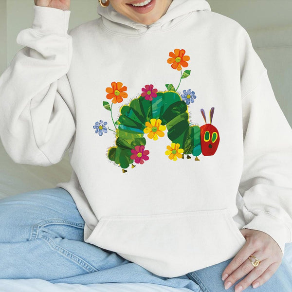 Hungry Caterpillar Hoodie | Colorful Floral Bug Graphic | Soft Cotton-Blend Pullover | Cute Teacher Gift & Preschool Storyboo