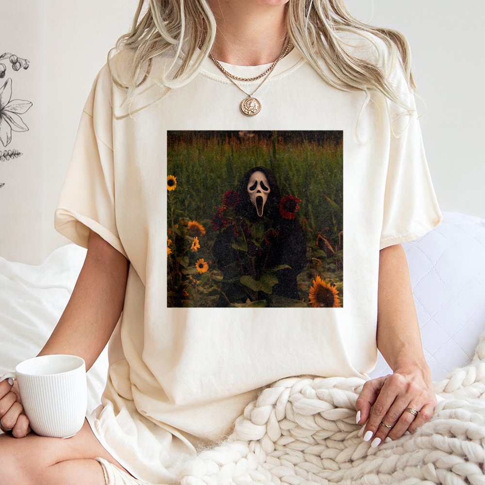 Ghost Mask Sunflower T-Shirt | Aesthetic Horror Movie Graphic | Premium 100% Cotton Tee | Spooky Halloween Gift for Horror Fa