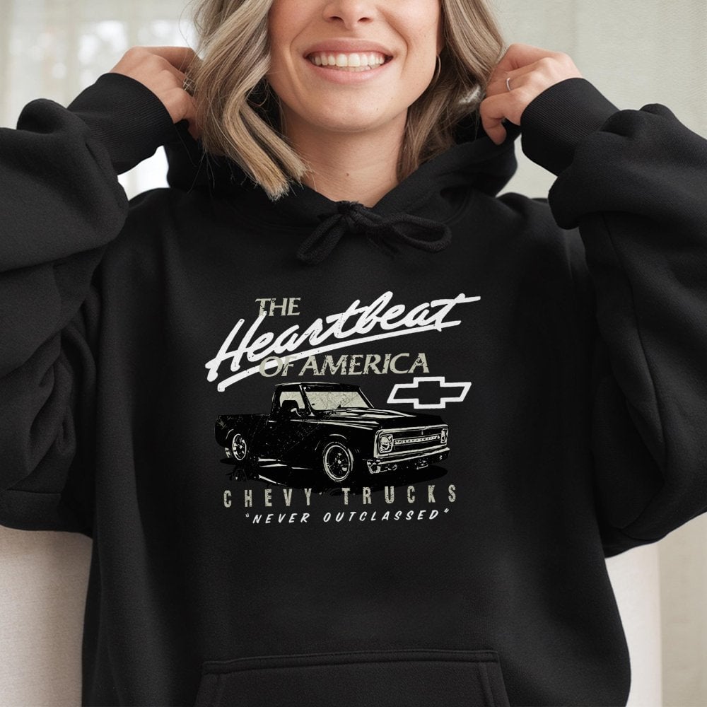 Chevy Trucks Hoodie | Vintage Heartbeat Of America Graphic | Premium Cotton Blend Pullover | Gift For Truck Enthusiasts & Mec