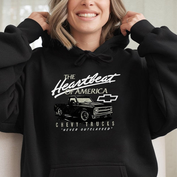 Chevy Trucks Hoodie | Vintage Heartbeat Of America Graphic | Premium Cotton Blend Pullover | Gift For Truck Enthusiasts & Mec