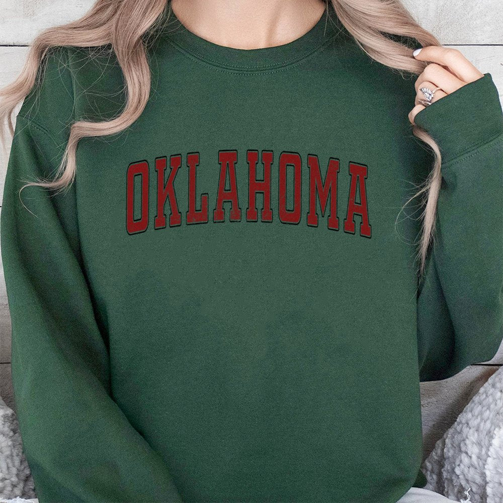 Oklahoma Sweatshirt | Vintage Red Distressed Collegiate Font | Soft Cotton Blend Unisex Crewneck | State Pride Gift for Proud