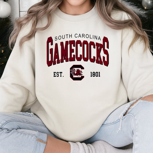 South Carolina Gamecocks Sweatshirt | Vintage Collegiate Est. 1801 Graphic Print | Premium Cotton Blend Fleece | Fan Apparel 