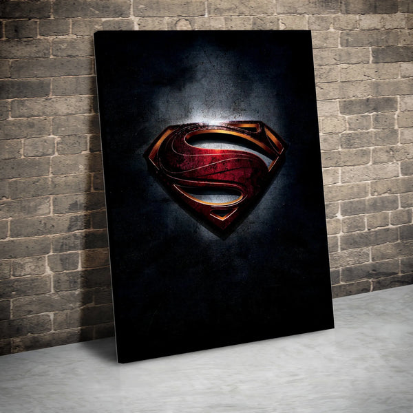 Superhero Shield Wall Art | Dark Metallic Symbol Gallery Wrap | Premium Stretched Canvas Print | Modern Office or Bedroom Dec