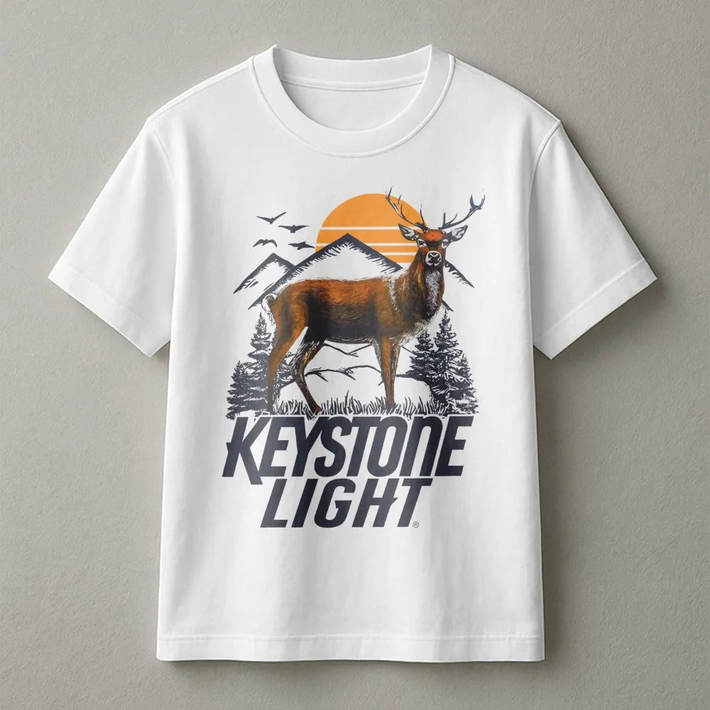 Keystone Light Deer T-Shirt | Mountain Sunset Outdoor Graphic | Premium Cotton Unisex Tee | Gift for Beer Lovers and Hunters