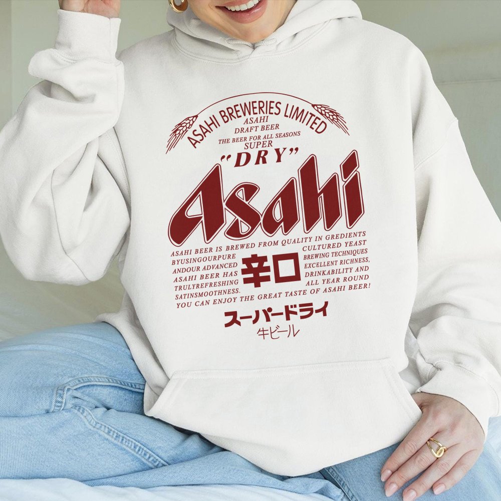 Japanese Beer Logo Graphic Hoodie | Retro Asahi Breweries Apparel | Soft Cotton-Blend Pullover | Unique Gift For Beer Lovers 