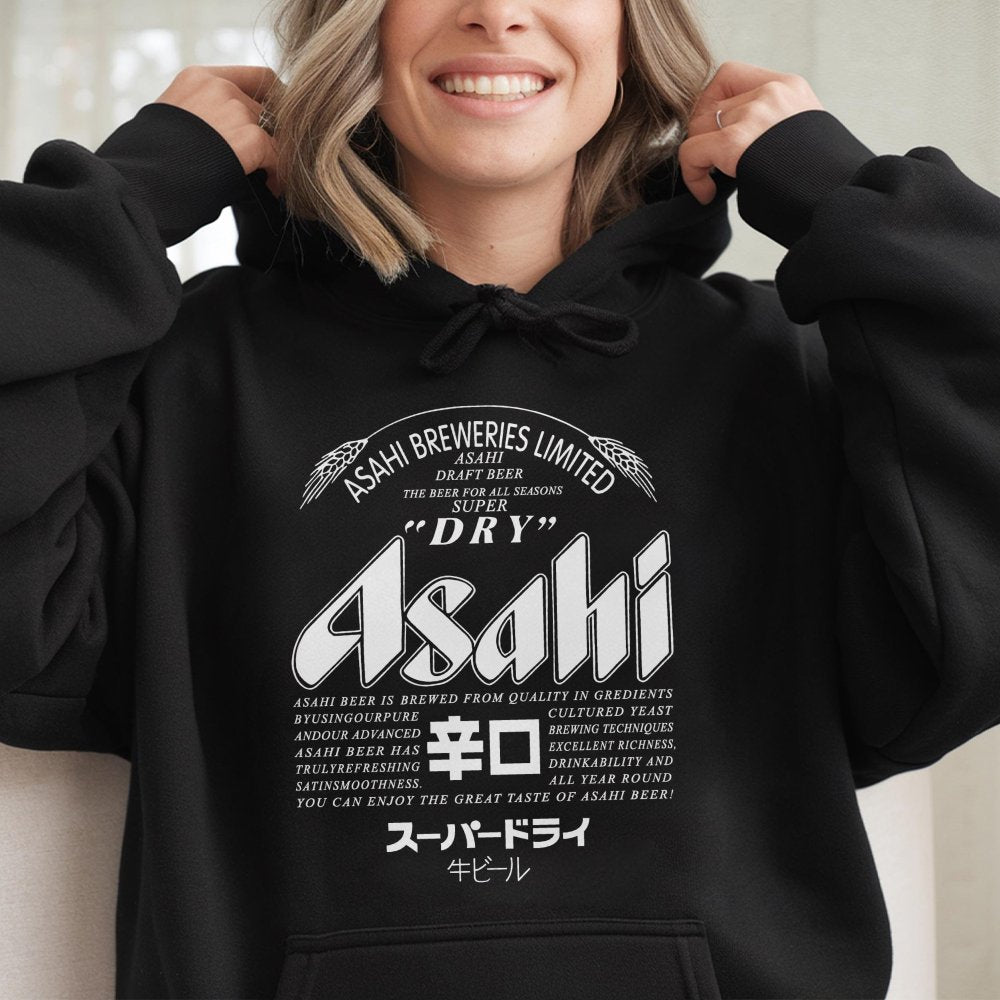 Japanese Beer Logo Graphic Hoodie | Retro Asahi Breweries Apparel | Soft Cotton-Blend Pullover | Unique Gift For Beer Lovers 