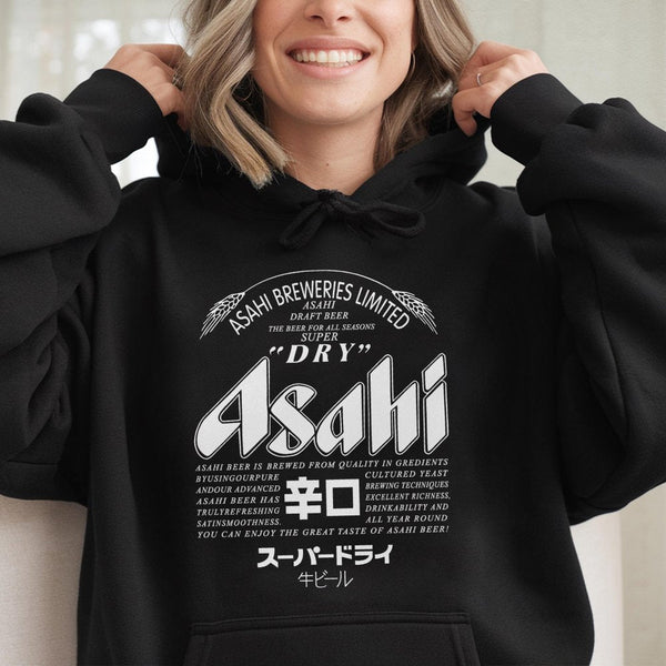Japanese Beer Logo Graphic Hoodie | Retro Asahi Breweries Apparel | Soft Cotton-Blend Pullover | Unique Gift For Beer Lovers 
