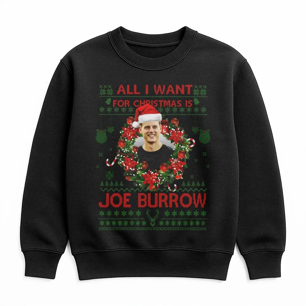Joe Burrow Christmas Sweatshirt | Funny Football Player Ugly Sweater Design | Premium Cotton Blend | Gift For NFL Cincinnati 