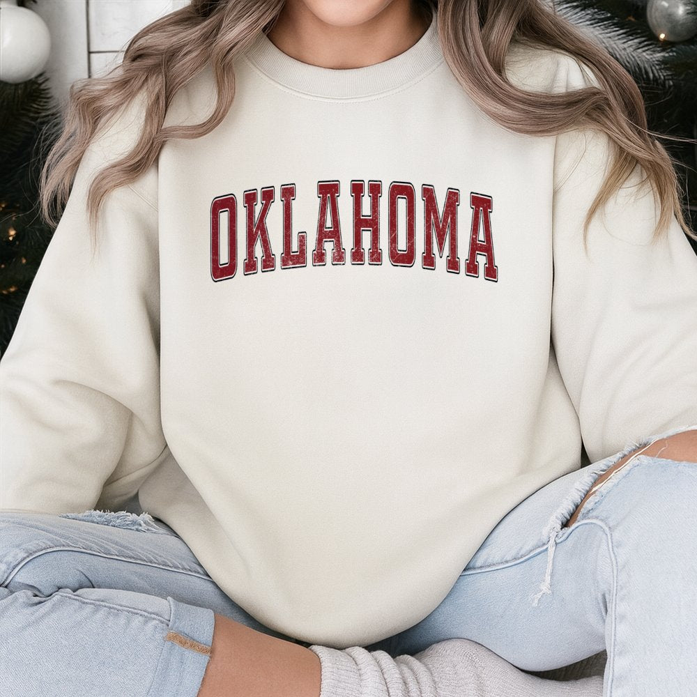 Oklahoma Sweatshirt | Vintage Red Distressed Collegiate Font | Soft Cotton Blend Unisex Crewneck | State Pride Gift for Proud