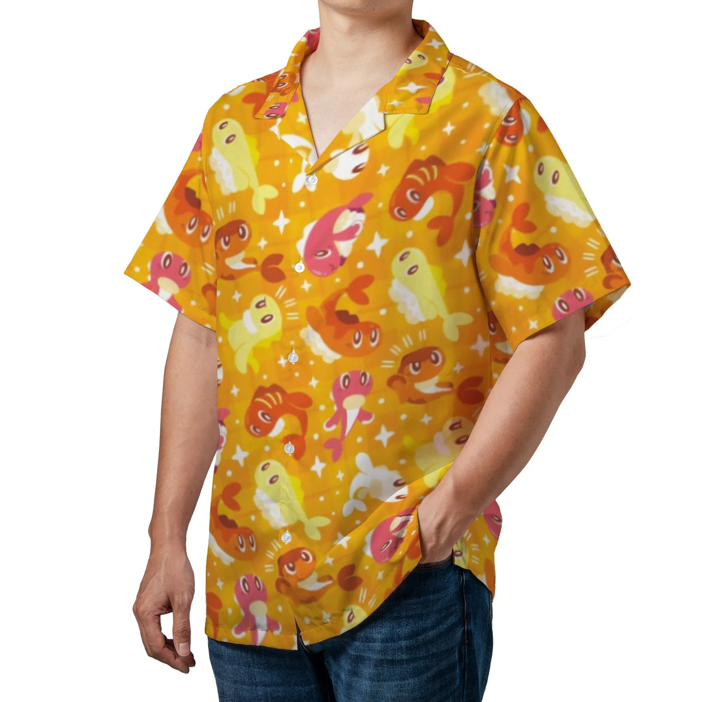 Sushi Fish Print Hawaiian Shirt | Fun Cartoon Anime Style Pattern | Lightweight Woven Polyester | Summer Vacation Beach Gift 