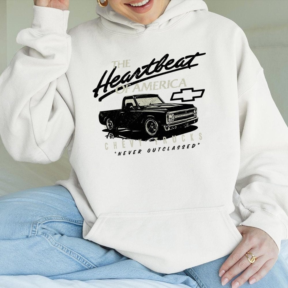 Chevy Trucks Hoodie | Vintage Heartbeat Of America Graphic | Premium Cotton Blend Pullover | Gift For Truck Enthusiasts & Mec